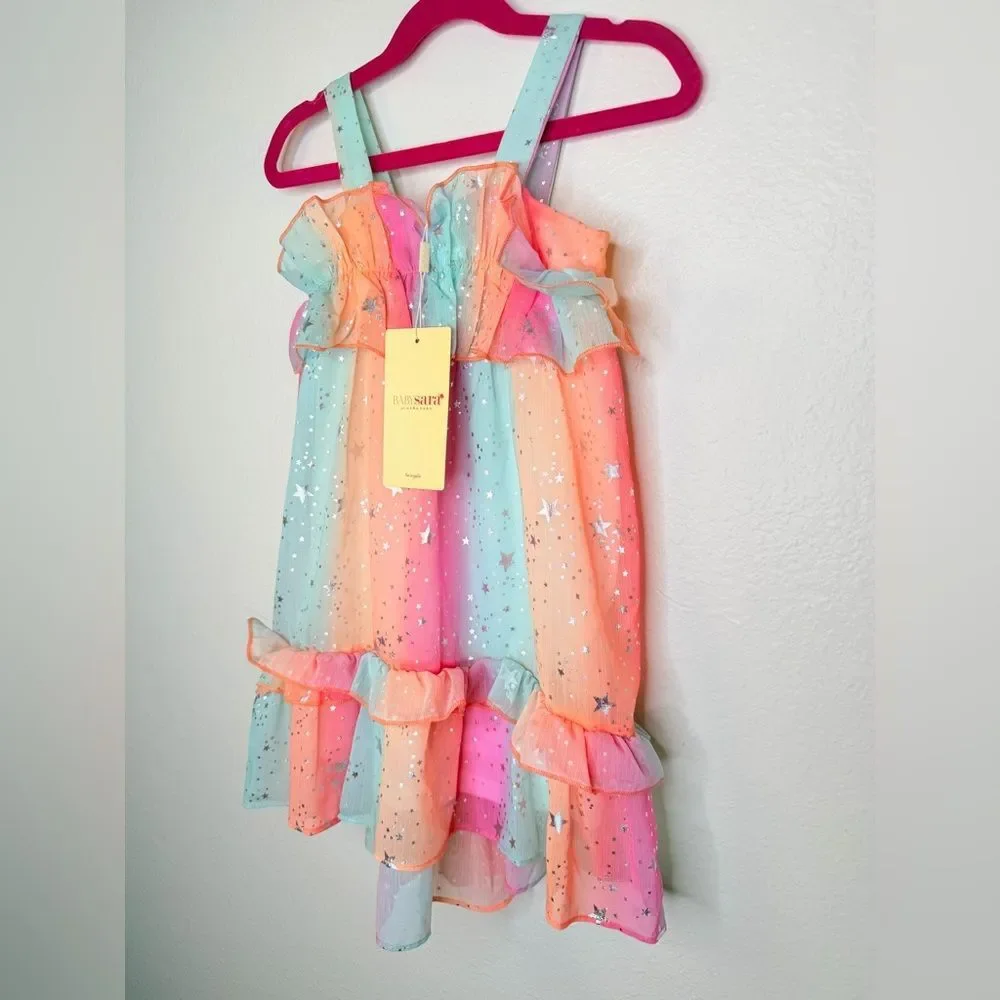 NWT ✨ BABY SARA Kids Ruffle Rainbow Dress with Metallic Stars Size 5